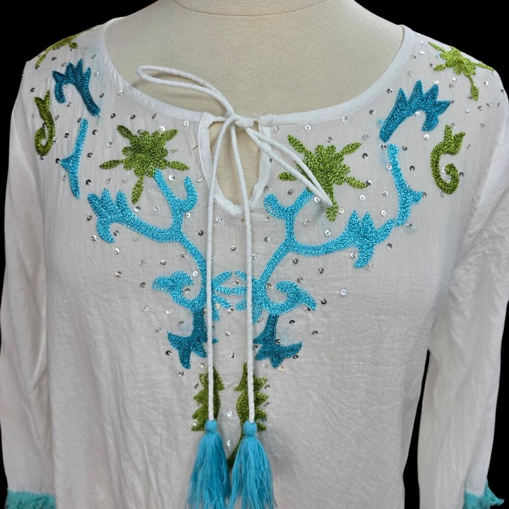 Top It Off Embroidered Beach Cover Up Tunic XL White Cotton Tassel Sequin Boho